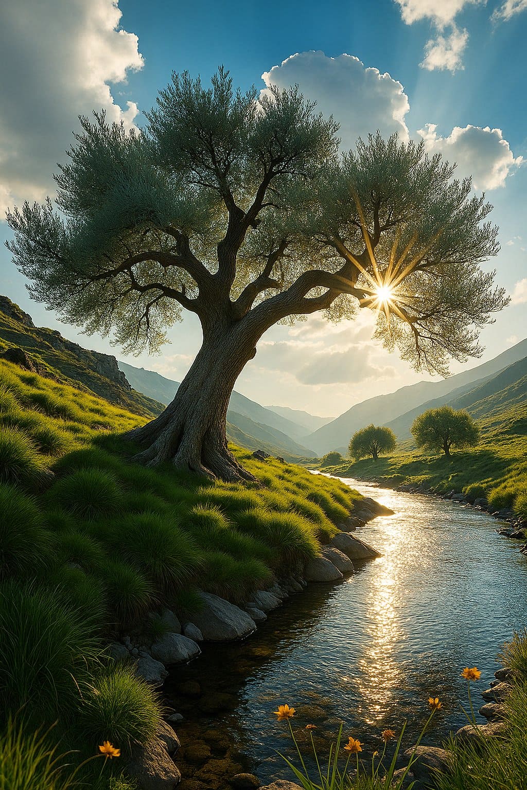 Arbol de Olivo en un monte a la orilla de un rio